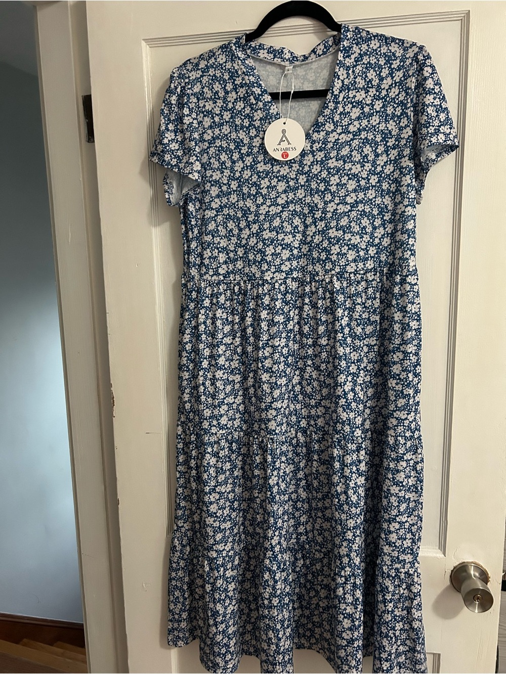 ANRABESS Blue Floral Tiered Short-Sleeve Dress